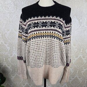 J Crew Sz XXL Fair Isle Sweater Puff Shoulder Long Sleeve Round Neck Cream Black